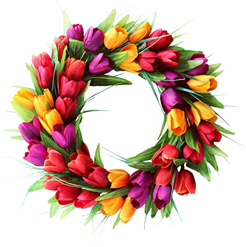JFBUCF Tulpenkranz Blumenkränze für Haustür, 40 cm, künstliche Seide, Tulpenkränze, Frühlingstürkranz, Girlande für Zuhause, Hochzeit, Valentinstag, Dekoration