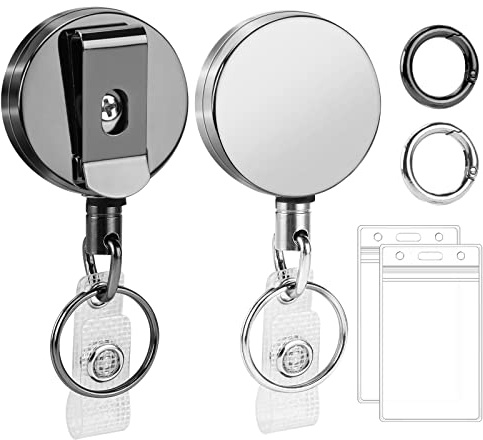 2 Pack Heavy Duty Retractable Badge Reels Metal Retractable Badge Holder with Carabiner, Keychain, Belt Clip and Vertical ID Card Holders 27.5 Steel Cord, Black & Silver