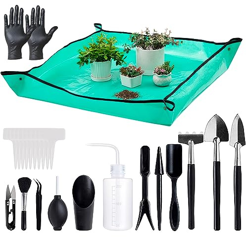 Melphoe 23Pcs Mini Garden Hand Transplanting Succulent Tools Set, 39.4 Thickened Repotting Mat & Plant Tag, Miniature Planting Indoor Fairy Care, Potting, Cactus, Houseplant Bonsai Tool Kit (Black)