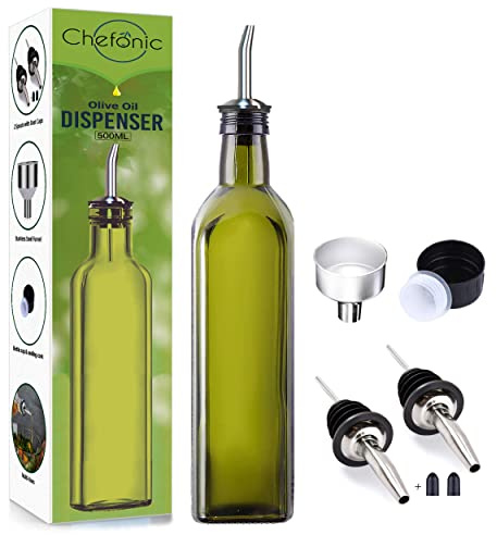 Green Glass Oil Dispenser - 500 ml, with Funnel & 2 Stainless Steel Pourers - Modern Olive Oil Bottle Drizzler for Kitchen
