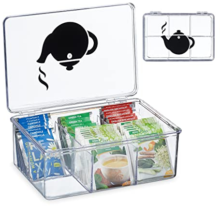 Relaxdays Box Porta tè e Tisane, 6 Scomparti, con Coperchio, 9x21,5x15 cm, Organizer per Bustine, Plastica, Trasparente, 9 x 21.5 x 15 cm