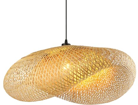 Schindora KreativitäT HäNgelampe Esstisch, Handgewebter Hut Bambus Pendelleuchte Holz, Retro Lampenschirm Boho, 100 Cm HäNgelampe Vintage, FüR KüChe, Esszimmer, Wohnzimmer, Restaurant, Helles Stroh