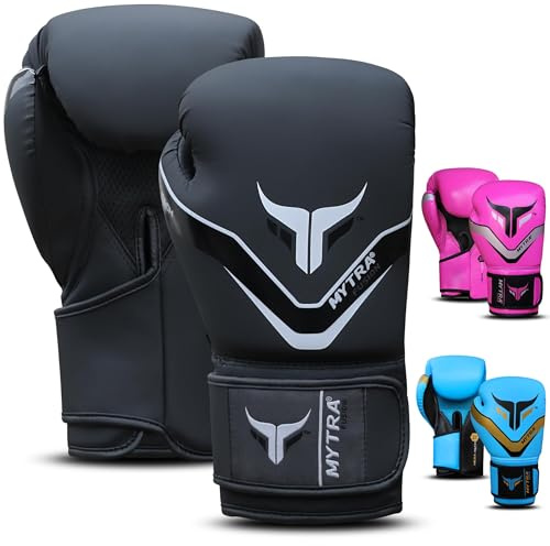 Mytra Fusion Gants de Boxe - Gants d'entraînement MMA Parfaits pour Le Punch, Le Kickboxing, Le Fitness, Le Sparring, Le Muay Thai, l'entraînement et Le Combat (Black/Grey, 16-oz)