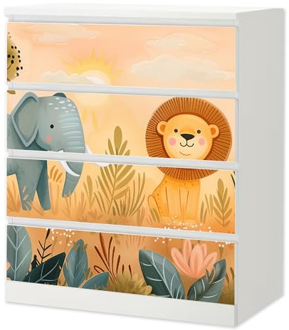 Möbelfolie Löwe passend für Ikea Malm Kommode 4 Schubladen Schrankfolie | Selbstklebende Schrankfolie für glatte Schubladenfronten Klebefolie Kinderzimmer Schlafzimmer DIY Upcycling 4 Schubladen