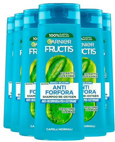 Garnier Fructis Shampoo Anti-Forfora Re-Oxygen per Capelli Normali Formula Vegana con Estratto di Tea Tree Senza Siliconi Previene ed Elimina la Forfora - 6 Flaconi da 250ml
