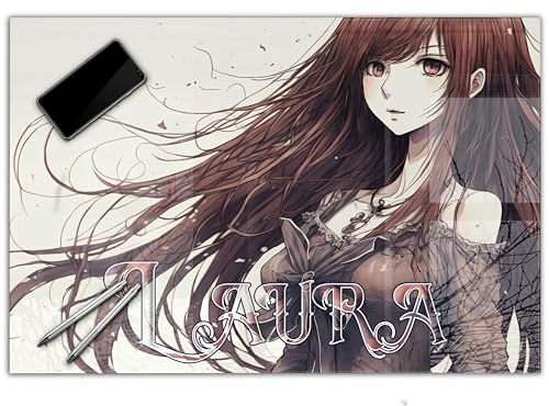 Gamer Schreibtischunterlage personalisiert mit Namen | 120 x 60 cm Anime Mädchen | wasserfeste Schreibunterlage, abwischbar, hochwertiges Acrylglas, gaming Motiv Teenager Kunststoff XXL