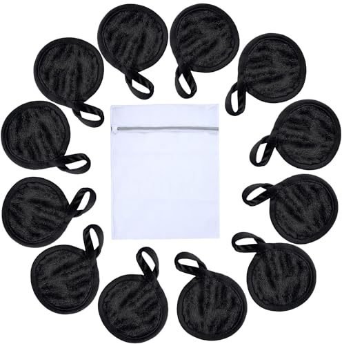 Reusable Makeup Remover Pads Microfiber Face Cloths with Mesh Bag Cleansing Facial Cloths with Laundry Bag for Face, Eye, Lips - Reusable Wipes 5 x 5 inch 12 Pack Black