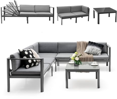 KOMFOTTEU Loungeset för 5–6 personer, trädgårdsmöbelset med L-formad trädgårdssoffa och soffbord, terrass, sittgrupp av aluminium inkl. sittkudde, uteplats, lounge, trädgårdslounge för inomhus och