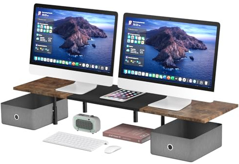 Suptek Large Monitor Stand Riser with Drawers, 3 Height Adjustable Wood Desktop Organizer Holds up to 50kg MST019