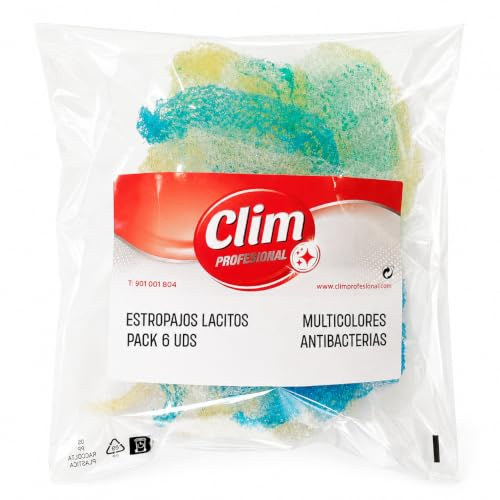 Clim Profesional 6 Estropajos Lacito Malla Polipropileno No Raya Cocina | 40% Más Espuma, Secado 80% Mas Rápido, Estructura Alveolada, Apto Teflón y Formica