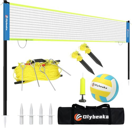Portable Outdoor Volleyball Net Set for Backyard Beach with Adjustable Poles, Soft PU Volleyball & Pump, Carry Bag and Durable Anti-Sagging Net (Blue and Green, 32ft)