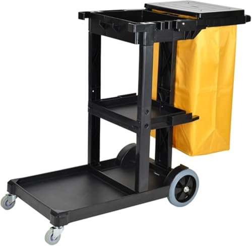 Chariot de Ménage Professionnel Commercial Chariot de lavage à 2 niveaux en Plastique avec Sac à Déchets(Color:Noir)