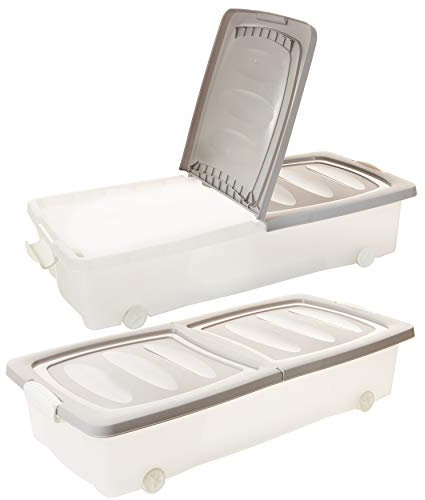 2friends Unterbettkommode mit Rollen Modell Ultra, Unterbettbox 2 Stück, Unterbett Aufbewahrungsbox 80 x 40 x 17 cm (32 Liter), Deckel geteilt, mit Clip-Verschlüssen, transparent/Sand, Made in EU
