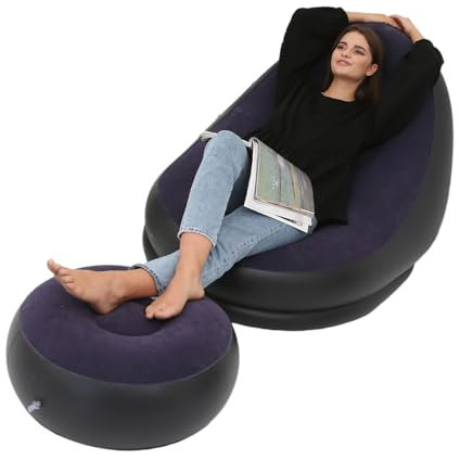 Fabater Aufblasbarer Lounge-Sessel, Leicht zu Reinigender Aufblasbarer Stuhl aus Beflocktem PVC, Faltbar mit Fußhocker für Camping (Navy blau)