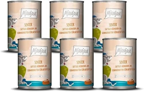 MjAMjAM - Nourriture humide premium pour chiens - Senior - Poulet juteux aux patates douces savoureuses, paquet de 6 (6x400g), sans céréales