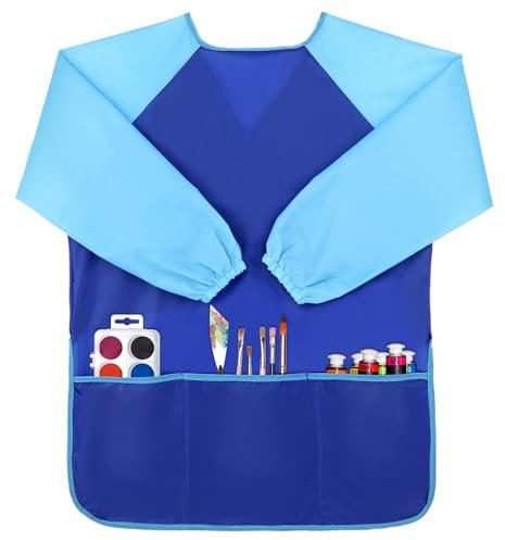 Malkittel Kinder,Wasserdicht Malschürze Kinder,Malschürze Mit ärmeln für Kinder von 5 bis 8 Jahre,Bastelschürze Kinder mit 3 Taschen,Malkittel Schule 1, Klasse Mädchen Jungen für Malerei Kochen Kunst