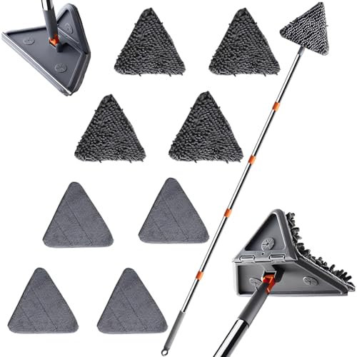 Nettoyeur mural à long manche de 207 cm, outil de nettoyage de plafond pliable à 180° avec raclette, brosse triangulaire avec 4 plumeaux chenille et 4 tampons en microfibre pour nettoyer les fenêtres,