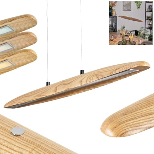 HOFSTEIN LED Pendelleuchte Fugelsta, dimmbare Pendellampe aus Metall/Holz/Kunststoff in Schwarz/Natur/Weiß, Hängeleuchte Retro mit Holzbalken und Touchdimmer, CCT, Höhe max. 152 cm, Esszimmer, Küche