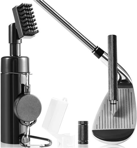 RETZLA Golfschläger-Reiniger-Set, Golf-Reinigungsbürste mit Golfrillenschärfer, geeignet für U- und V-Nuten, 20,3 cm, Golf-Wasserbürste mit einziehbarem Clip, hält 142 ml Wasser, Golfzubehör