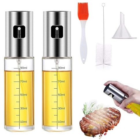 Öl Sprühflasche, 2 Olivenölsprüher für Salate, Ölsprüher zum Kochen, Dressing Spray Grilling Olivenöl Glasflasche, Silikon Grillbürstel, Trichter, Tassenpinsel, Küchenhelfer zum Kochen, Grillen