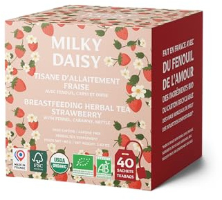 Milky Daisy - Tisane Allaitement Bio ‍- Saveur Fraise avec Fenouil, Carvi et Ortie - 40 Infusettes Compostables - Fabriquée en France