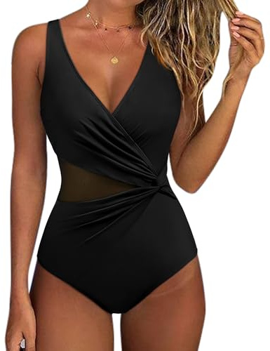 SUUKSESS Women Sexy Mesh Tummy Control One Piece Swimsuit Wrap Push Up Bathing Suit Retro Backless Cut Out Swimwear (Black,L)