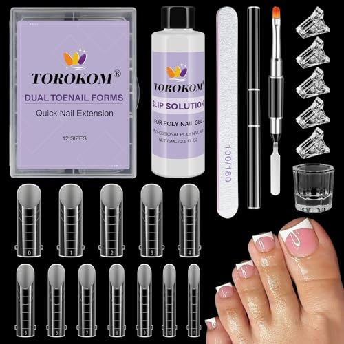 TOROKOM Kit de Formas para Uñas de Pies Poly Gel, 120P 12 Tamaños Moldes Transparentes Reutilizables con Solución Slip Escala y Pincel para Arte en Uñas