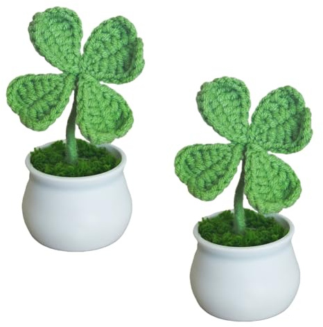 Magicherry Piante in vaso fatte a mano all'uncinetto, quadrifoglio, 2 pezzi, pianta artificiale lavorata a maglia, per San Patrizio, decorazione per auto, cruscotto, ufficio, scrivania, stile A verde