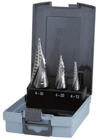 Juego de 3 brocas escalonadas HSS, estriadas en espiral, tamaños 0/9, 1 y 2 en estuche, ideales para perforar metal y madera.
