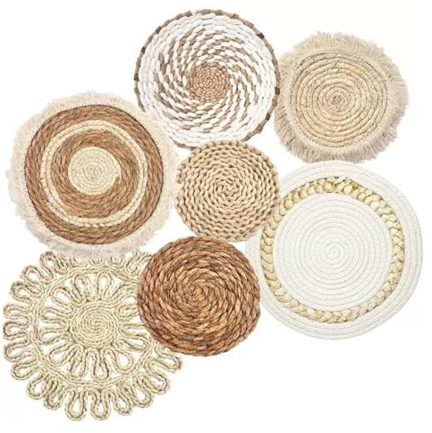 Lawnrden Boho -Wandkörbe, 7pcs/Set flach gewebte Korb Wandhängedekor, unterschiedliche Größe und Stil Stroh gewebt und runde dekorative Kunst für Wohnzimmer, Schlafzimmer, Bauernhaus, Kindergarten
