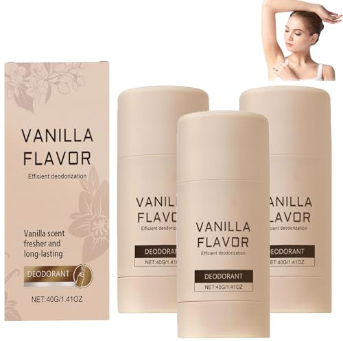 Vanilla Skin Deodorant Stick, naturlig deodorant spray för kroppen, ingredienser med kokos och vaniljdoft, långvarigt skydd för alla hudtyper, lämplig för kvinnor och män (3 st)