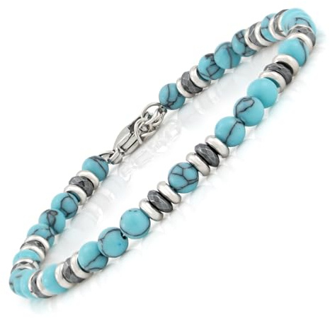 SAGA GIOIELLI Bracciale Uomo - Donna Acciaio - Unisex, Pietre Naturali 4 mm, Lunghezza 17,5+ 3 cm - Cristalli sfacettati - Confezione regalo (AULITE TURCHESE)