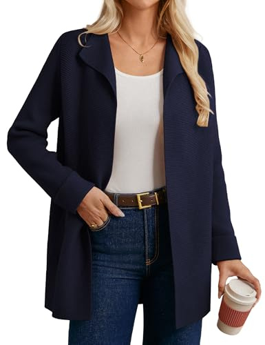 GRACE KARIN Ladies Knit Long Cardigan With Wide Collar Mid Length Sweater Jacket Navy blue M