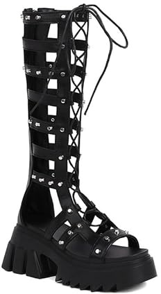 Veelau Meieer Damen Plateau Gladiator Sandalen Römersandalen zum Schnüren mit Nieten Reißverschluss