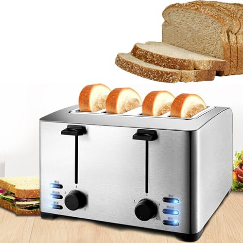 MJMLUCK Tostadora de Cuatro rebanadas con 5 ajustes de Pan, panificadora Comercial, eyector automático, Bandeja recogemigas extraíble, Acero Inoxidable, Apta para Todo Tipo de Pan.