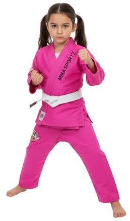 MMA SPORTZ Jiu Jitsu Gi for Kids & Teens – Lightweight Karate Uniform Martial Arts Suit with Free White Belt – Pink, M-0
