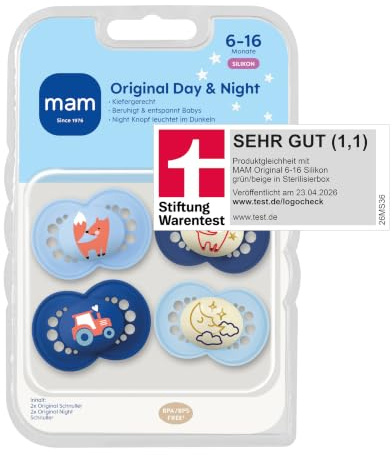 MAM Original Day & Night Matt Schnuller | 6-16 Monate | 94% Akzeptanz | Babyschnuller beugt Zahnfehlstellungen vor | mit Zahnmedizinern entwickelt | SkinSoft Silikon | Fuchs/Mond | 4 Stück