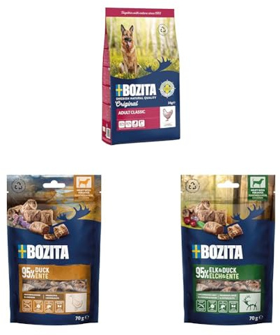 Bozita Komplett-Bundle für Erwachsene Hunde: 3 kg Original Adult Classic Huhn Plus Zwei getreidefreie Meaty Bites Hundesnacks im Geschmack Elch & Ente – vollwertige Ernährung in einem Paket