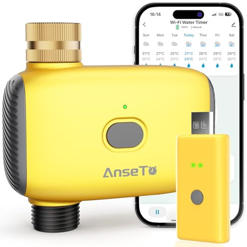 AnseTo Programador de Riego WiFi con Concentrador WiFi para Control Remoto, Entrada de Latón Temporizador de Riego Automático con Función de Retardo por Lluvia,Apto para Jardines,Invernaderos y Césped