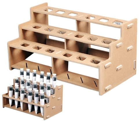 Scaffale Per Pittura – Fibra Di Legno 34x18.5x17cm | Organizzatore Di Tubetti Di Vernice A Tre Livelli | Stazione Di Pittura Multistrato | Supporto Da Scrivania Per Pennelli E Tubi Acrilici/Olio/Acque