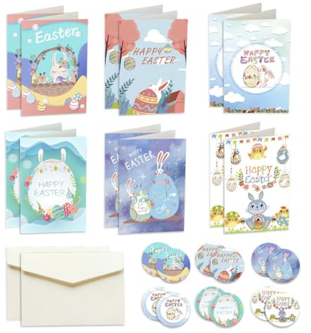 VYNZOR 12 Stück Lustige Osterkarten Set, Frohe Ostern Grußkarten mit Umschlägen und Aufklebern, Buntes Kartenset aus Hochwertigem Weißen Karton für Osterfeiern