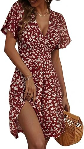 Zeagoo Sommarklänning för kvinnor, v-hals, kortärm, strandklänning, blommigt mönster, klänning med fickor, volanger, omslagsärmar, S-XXL, S