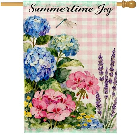 Bandera de casa de hortensias, geranio floral de verano, lavanda, verano, arpillera, azul, doble cara, decorativa, para porche exterior, césped, patio, entrada, 28 x 40 pulgadas