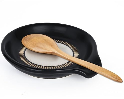 HONZUEN Ceramic Spoon Rest, Heat-Resistant Spoon Holder, Black/White | Holds spoons, ladles & teaspoons | Dishwasher safe | Catches drips & stains | For stovetop, counter & dining table