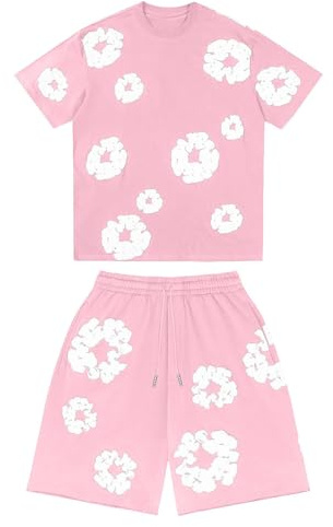 Ensemble 2 Pièces Homme T-Shirt et Short d'Été, Imprimé Fleuri Y2K Hip Hop Streetwear, Ensemble Jogging Décontracté avec Poches pour Sport et Loisir