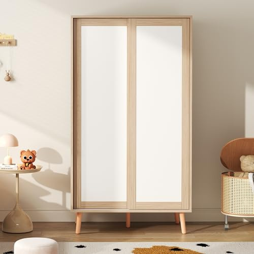 SACOOL Armario infantil con puertas correderas con barra para colgar, material de aglomerado, patas de madera, color blanco y madera natural, 80 x 46 x 141,5 cm, color natural y blanco