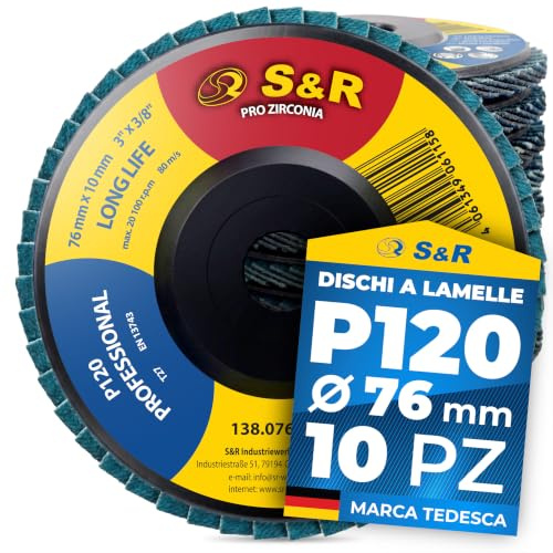 S&R 10 Dischi Lamellari 76mm Grana 120 Corindone Zirconio | Corindone di zirconio per metalli duri · Rimuove rapidamente ruggine e saldature · Forma T27 compatibile smerigliatrici Ø76mm