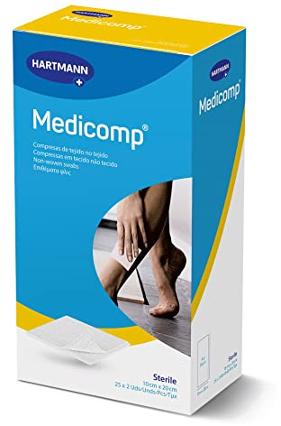 MEDICOMP, Gasas Estériles 10x20, Compresas de Tejido no Tejido, Vendaje Extrasuaves y Absorbente, Vendas para el Tratamiento de Heridas o Procedimientos Ambulatorios, 25 x 2 Unidades, Color Blanco