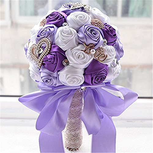 Fouriding Handgemachte Brosche Brautstrauß Braut Satin Rosen Blumen Diamant Perlen Blumensträusse Hochzeit Strauß Künstliche Blumenstrauß künstlicher Rosenstrauß Dekoration (Lila Weiß)