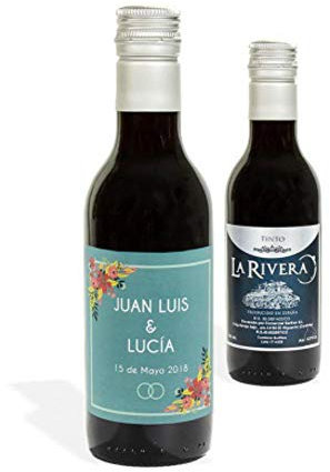 Lote de 10 Botellas de Vino Tinto Personalizadas para BodasFlores y Anillos 180 ml. Regalos Originales. Complementos. Detalles para Bodas, Comuniones, Bautizos y Cumpleaños. CC